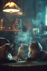 A group of cats playing poker at a table in a smoky backroom