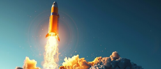 A golden rocket igniting and lifting off against a clear blue sky flames and smoke trailing behind
