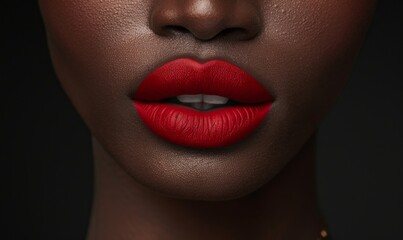 The model's lips are wearing bright red lipstick, emphasizing her rich pigment