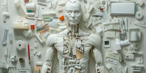 A human figure made of various office supplies