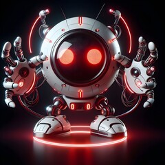 Robot is round and white with glowing red light strips around the head.