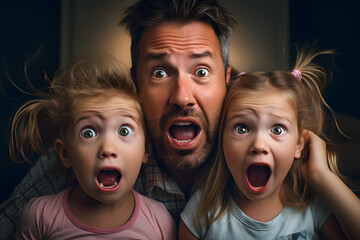 Portrait caucasian father and daughters of family members look surprised, shocked, frightened eyes on the forehead, with an open mouth - obrazy, fototapety, plakaty