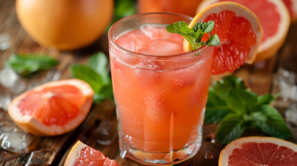 Glasses of delicious grapefruit juice on wooden table against blurred background, space for text ,Juice of red Sicilian oranges in a large glass, selective focus