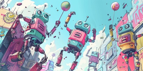 A playful illustration of robot street performers doing acrobatics and juggling