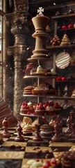 A surreal portrayal of a giant chessboard with pieces made of desserts