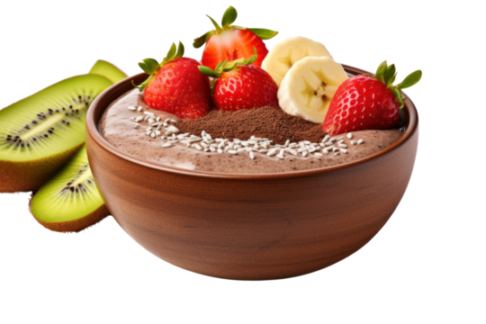 Acai bowl, coated with avocado, cocoa beans and chia seeds, served in a ceramic bowl. Decorated with coconut pieces isolated on transparent background. - Powered by Adobe