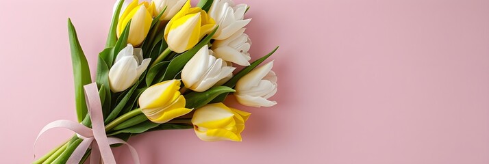 A bouquet of tulips on a pastel background.