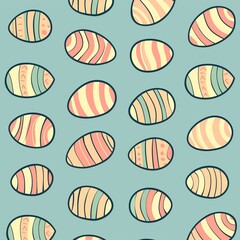 Create a minimalist background with a repeating pattern of outlined easter eggs on a solid colore background.