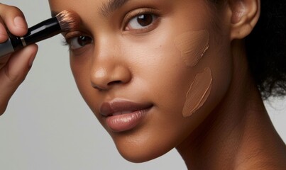 Applies foundation to the model's flawless complexion, blending it smoothly to achieve a natural result