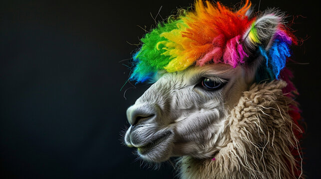 King of alpacas, clown on the head , skin make of rainbow , portrait , hyper-realistic, shot on , EOF , 1/1000 , F/2.5 ,White balance 5.5k