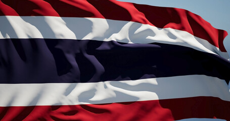 Close-up of the national flag of Thailand flutters in the wind on a sunny day