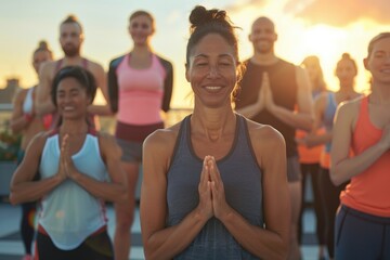 Multicultural yoga enthusiasts of various ages in harmony, finding peace in a collective sunset practice atop the city
