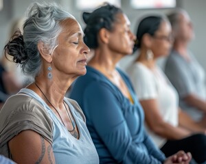 Obraz premium Diverse group of women engaging in a peaceful yoga meditation, showcasing age inclusivity and the unity of shared wellness experiences