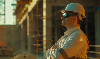 Obraz premium Civil engineer in hard hat standing confidently with crossed arms