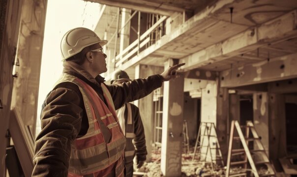 A construction engineer pointing to specific areas of a house under construction while giving instructions to construction workers