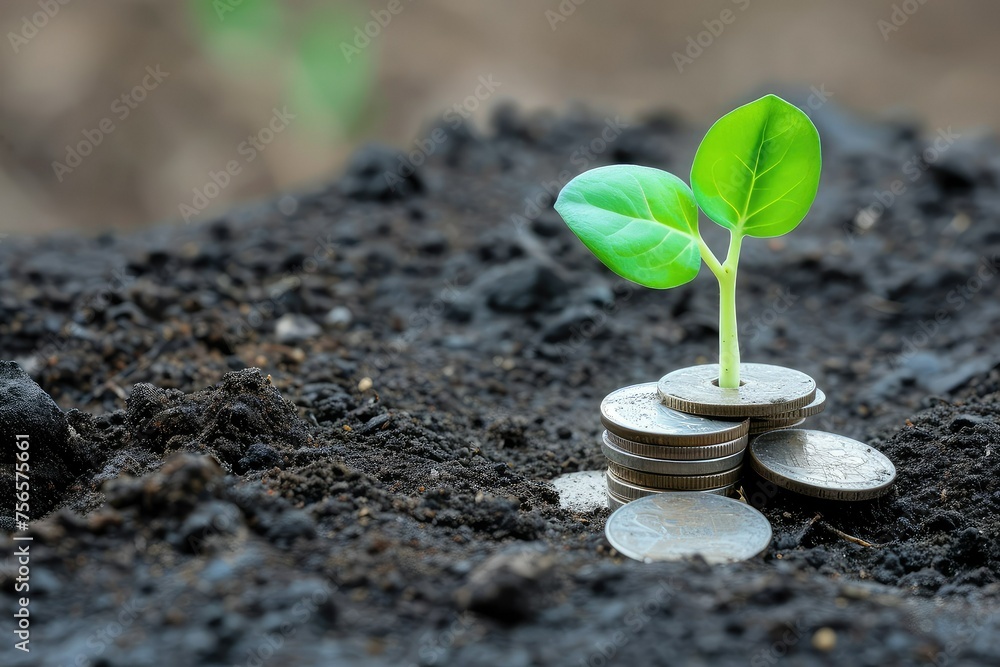 Wall mural a green sprout grows from a handful of coins.