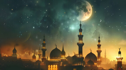 Ramadan Kareem greeting photo with serene mosque background with beautiful glowing lantern. - obrazy, fototapety, plakaty