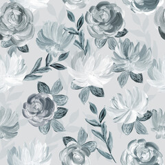 Seamless pattern of abstract painting gray flowers, original hand drawn, impressionism style, color texture, brush strokes of paint, art background. - 756575635