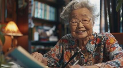 likeable enthusiastic 85 year old ethnically ambiguous tan woman cracking up while mid-sentence telling a story