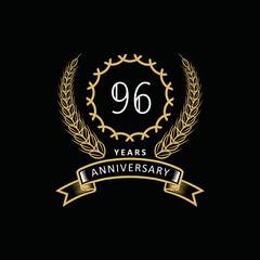 96st anniversary logo with gold and white frame and color. on black background