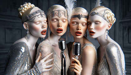  Women dressed as a Gatsby attire and singing on a microphone - obrazy, fototapety, plakaty