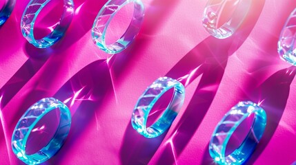 Vivid cyan fitness bracelets patterned on magenta background with soft shadows for a crisp, sunny aesthetic