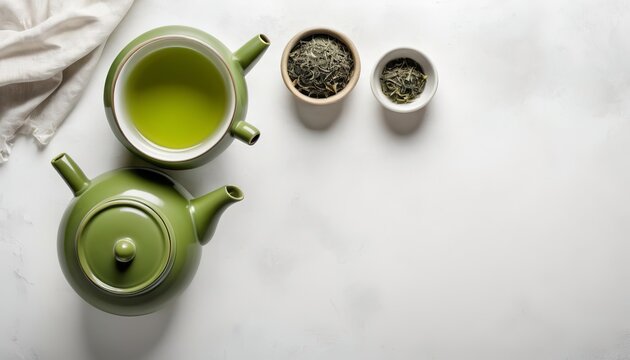 Green tea with ceramic teapot over a white texture background