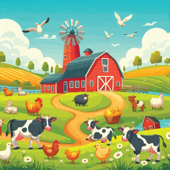 Fototapeta premium Landscape with farm animals vector illustration