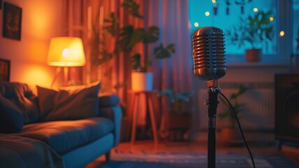 Cozy Podcast Setup with Retro Mic and Ambient Home Lighting: A Broadcaster's Nook