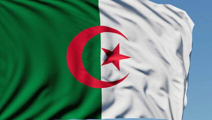 The national flag of Algeria flutters in the wind on a sunny day
