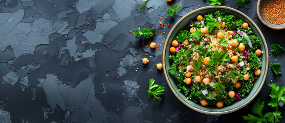bowl with fresh organic homemade couscous salad with herbs mint parsley lemon chickpeas as healthy diet food dish recipe mediterranean appetizer in studio magazine editorial close up with copy space 