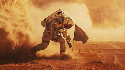 Astronaut planting a flag on the surface of Mars a monumental step for humanity in the red dust