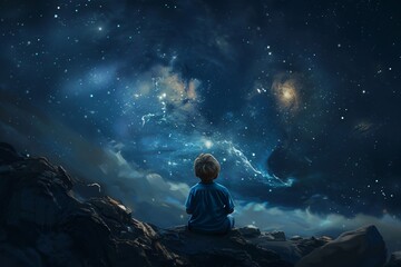 Fototapeta na wymiar Child gazing at the night sky eyes filled with wonder and dreams of distant worlds