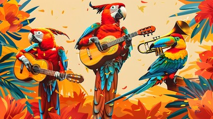 Parrot Mariachi Band in Vibrant Tropical Paradise A Digital Illustration of Skilled Musicians in Outdoor Concert