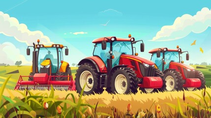 Farm machinery and equipment, cartoon tractors and harvesters working the land