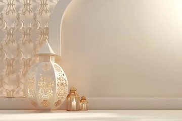 3D Lantern Ramadan Islamic Theme Background with Simple and Clean Design, Featuring a Small Decoration in the Corner, White Color Palette, and Cream Wallpaper