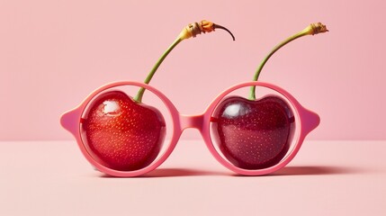Creative cherry binoculars with stems as focus wheel against a stark pink background, embodying curiosity and observation - obrazy, fototapety, plakaty