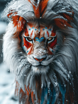 Portrait of a magnificent painted lion, front view