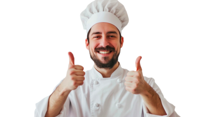 Happy smiling male chef in toque with thumbs up for decision, job or occupation isolated on transparent png background.