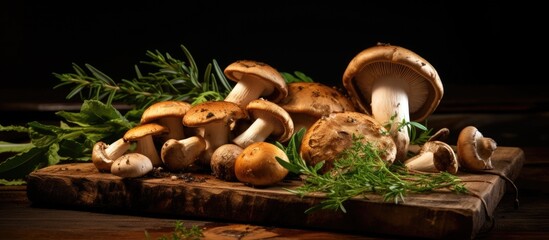 A group of mushrooms, a type of terrestrial plant, are placed on a wooden cutting board. These natural ingredients can be used in various cuisines and dishes - Powered by Adobe