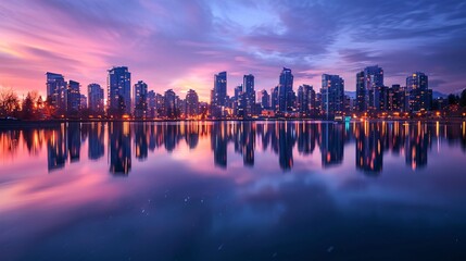 City skyline reflected in the mirror like surface of a calm lake twilight enhancing its beauty