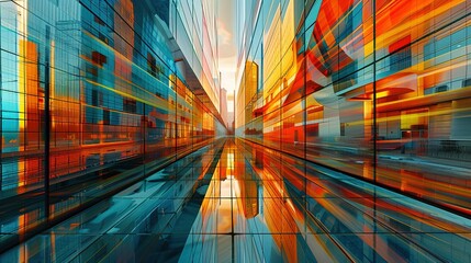 abstract photograph of a city street with a train passing by futuristic financial district, graphic perspective of buildings and reflections 