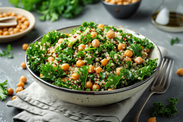 bowl with fresh organic homemade couscous salad with herbs mint parsley lemon chickpeas as healthy...