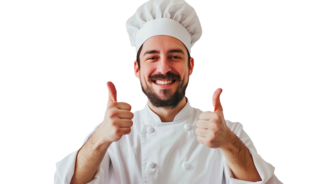 Happy smiling male chef in toque with thumbs up for decision, job or occupation isolated on transparent png background.