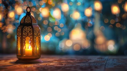 lantern with a candle inside sitting on Islamic blurred mosque with bokeh in the background for eid al fitr and adha space for text