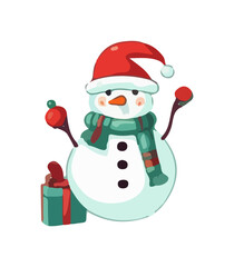 Snowman with a scarf, gloves and hat isolated in a white background in cartoon watercolor style. Flat design. Vector illustration.