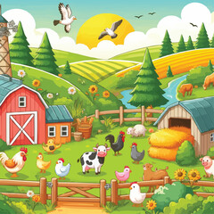 Fototapeta premium Landscape with farm animals vector illustration