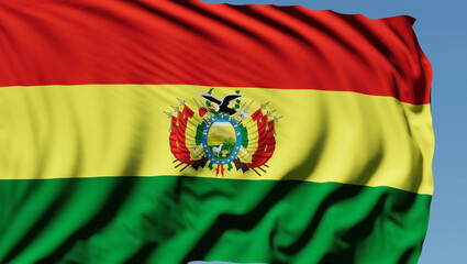 Close-up of the national flag of bolivia flutters in the wind on a sunny day