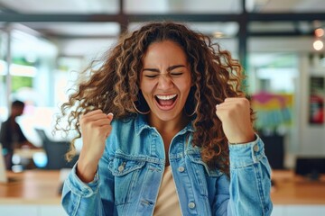 Young beautiful hispanic woman with curly hair inside office celebrating victory success,...