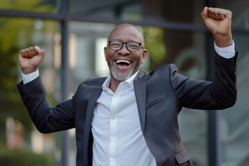 Successful businessman concept, mature african american man outside office building smiling and happy celebrating victory and triumph, boss in business suit jumping and dancing, Generative AI